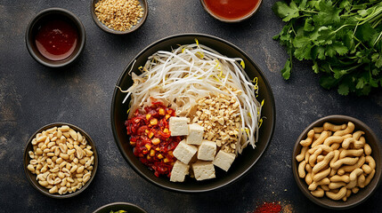 Array of fresh ingredients for making traditional bean salad with bean sprouts tomatoes and tofu on...