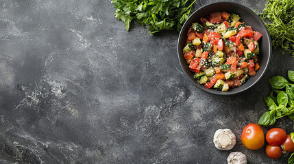Fresh vegetable salad in a black bowl with tomatoes garlic and leafy greens on dark textured...
