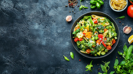 Fresh colorful vegetable salad with broccoli carrots cherry tomatoes cucumbers lettuce and herbs in...