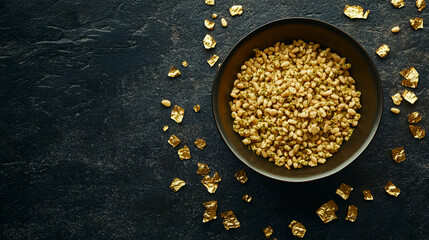 Organic raw hemp seeds in a black bowl on dark textured background with scattered hemp seed pieces...