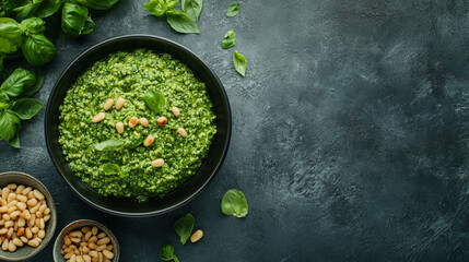 Fresh green vegetable salad with chopped broccoli and pine nuts in black bowls on dark textured...