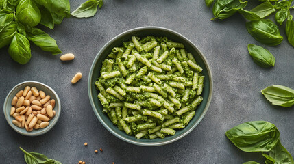Freshly prepared green pesto pasta dish with basil leaves pine nuts and Parmesan cheese on a gray...