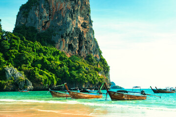 Railay Krabi Thailand : 03 August 2025 : Landscape of Traditional Thailand Long tail Boats on...