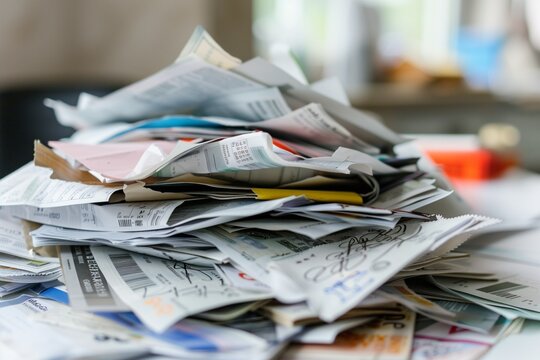 Pile of crumpled receipts and bills on messy white desk, overwhelmed budget concept, financial stress metaphor. - Powered by Adobe