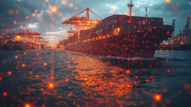 Cargo Ship in Water with Cranes and Network Overlay