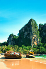Railay Krabi Thailand : 03 August 2025 : Landscape of Traditional Thailand Long tail Boats on...