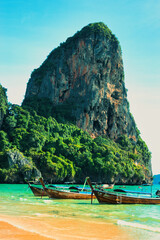 Railay Krabi Thailand : 03 August 2025 : Landscape of Traditional Thailand Long tail Boats on...