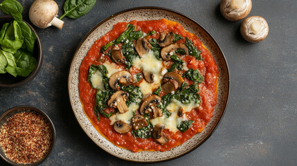 Delicious homemade vegetarian pizza topped with mushrooms spinach cheese and tomato sauce on a...