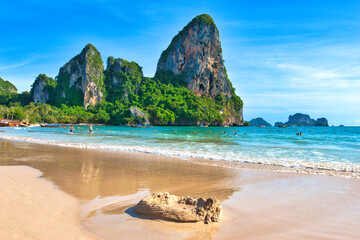 Railay Krabi Thailand : 03 August 2025 : Landscape of Traditional Thailand Long tail Boats on...