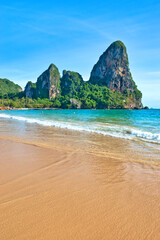 Railay Krabi Thailand : 03 August 2025 : Landscape of Traditional Thailand Long tail Boats on...