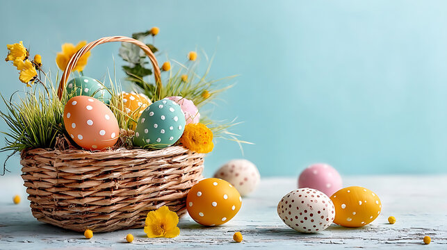 8K  Ultra HD Basket of Decorated Easter Eggs on White Wood Table, Light  Blue Background with Scattered Eggs & Greenery