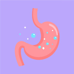 Obraz premium Stylized illustration of a human stomach with bubbles, useful for depicting indigestion, gas, or digestive health concepts against a light purple background.