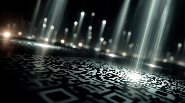 QR Code Scanner Animation with Light Beams on Black Background