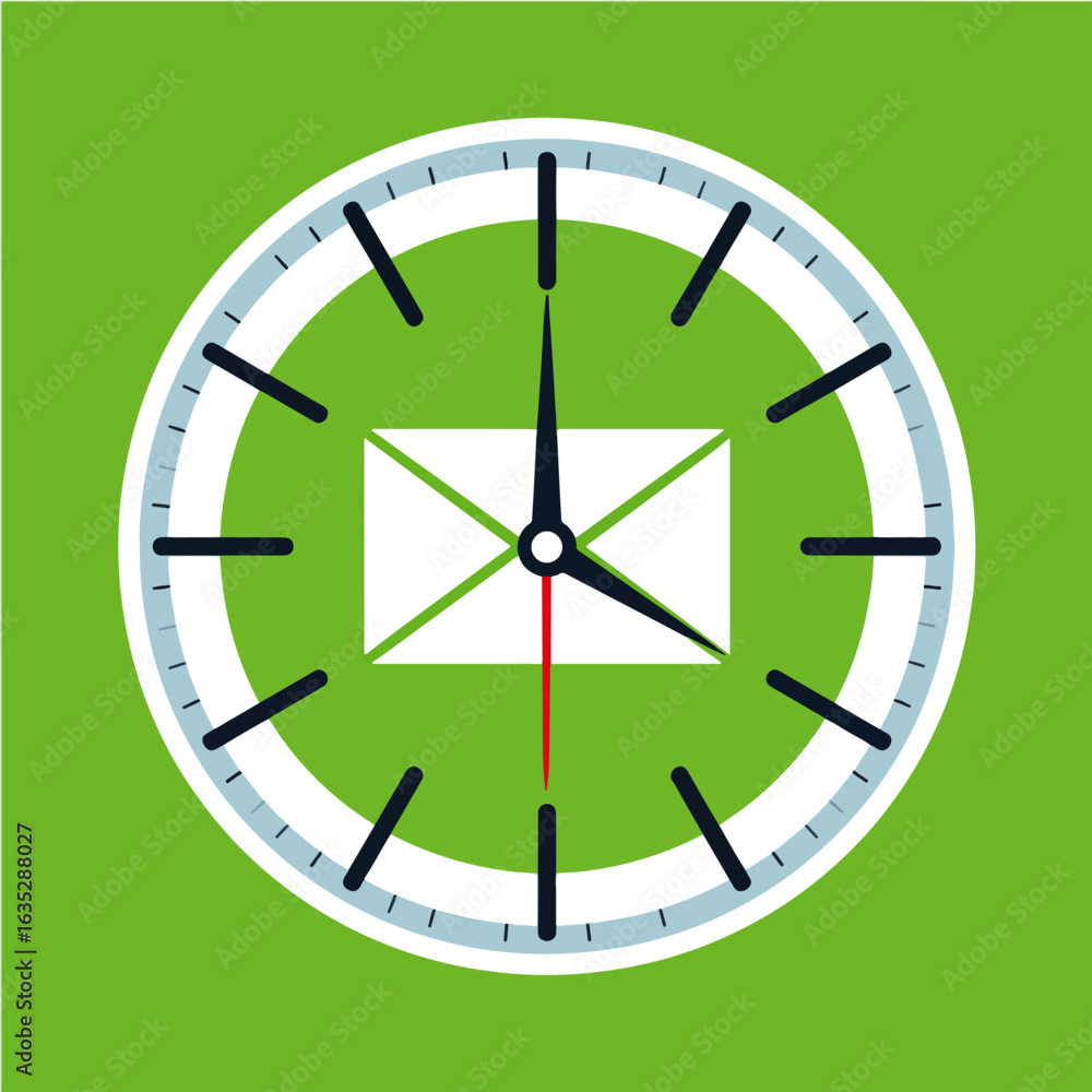 Poster flat design illustration with a clock indicating the time for sending or receiving emails, on a ligh