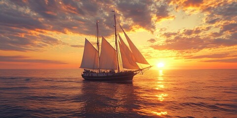 Fototapeta premium A classic schooner with full sails moving toward a breathtaking ocean sunset