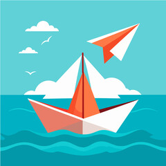 A minimalist illustration of a paper boat sailing on the ocean with a paper airplane flying in the sky, representing dreams, freedom, and a journey.
