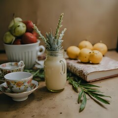 A film-like vintage still-life with fresh fruits and vegetables