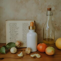 a vintage still-life painting of olive oil and vegetables