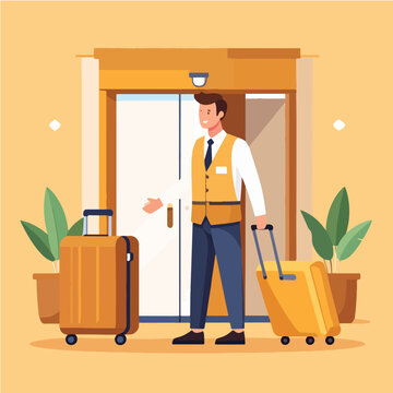 recommend clip art: Friendly hotel bellhop welcomes guests with luggage at the entrance, providing excellent service in a warm and inviting atmosphere.