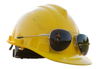 Yellow hard hat with aviator sunglasses reflecting trees and sky, isolated on transparent background