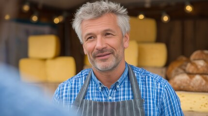 Artisan Cheese Vendor: A friendly vendor, smiles as he attends to a customer, showcasing the expertise and warmth of a local cheese shop, surrounded by artisanal cheese.