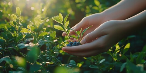 A close-up of hands gently picking ripe blueberries from a bush in a sunlit forest