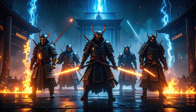 Samurai Warriors with swords ready for battle with Japanese temple.