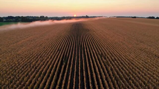 Golden Fields and Sun at Sunset in Rural Landscape