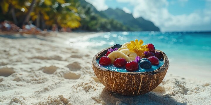 Tropical fruit bowl on a sandy beach