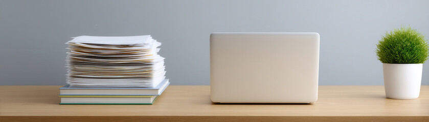 Desk Essentials: A minimalist desktop arrangement featuring a closed laptop, a stack of documents, and a small potted plant against a neutral background. A clean.