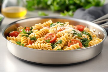 Pasta meal with rotini tomato and spinach in a pan overhead view