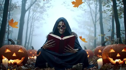 A spooky skeleton figure in a dark hooded robe reads a mysterious book in a misty autumn forest, surrounded by glowing jack-o'-lanterns for Halloween.