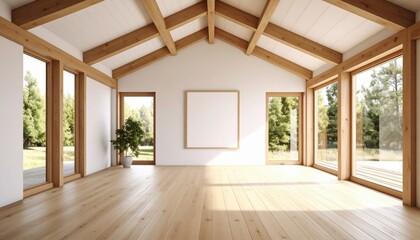 Bright Interior with Wooden Beams Large Windows and Hardwood Floors.