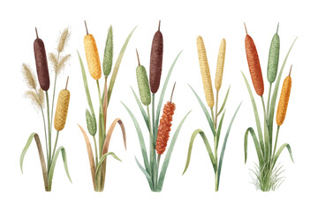 set of watercolor cattail vector illustration isolated on white background