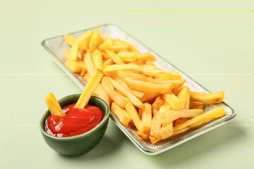 Plate with tasty french fries and bowl of ketchup on green background