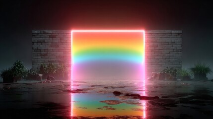 Rainbow neon lights on brick wall with frame animation fairy tales and pride month love motion background social media design element