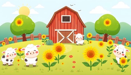Adorable cartoon calves and sunflowers surround a charming red barn on a sunny day
