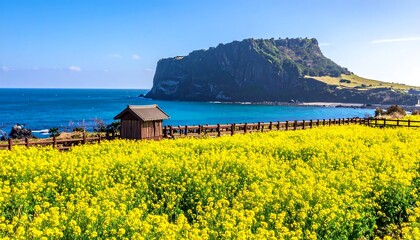 Coastal canola field with mountain