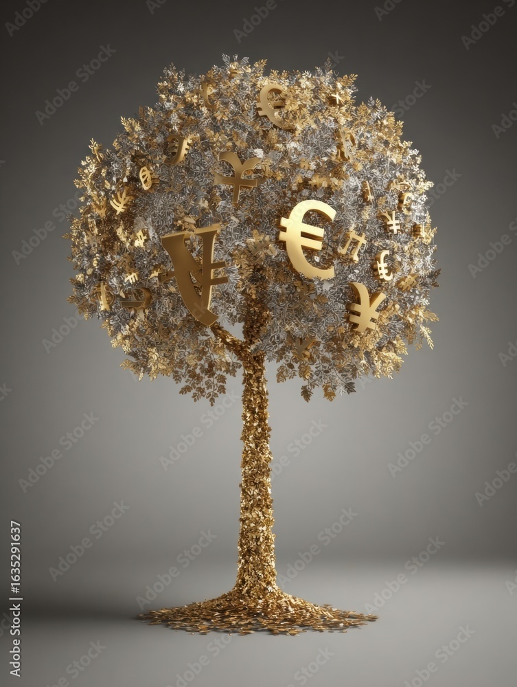 Poster golden tree adorned with currency symbols representing wealth and prosperity in a minimalist design 