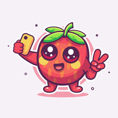 happy strawberry fruit character mascot taking a selfie with a smartphone isolated cartoon 