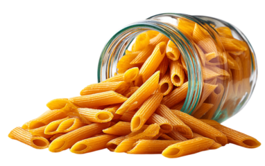 Golden penne pasta spills from a glass jar. Used for food branding and Italian recipes.