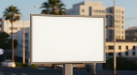 Fototapeta premium Blank billboard ad space in an urban setting with palm trees, A modern empty poster board for advertising in a city with blurred buildings