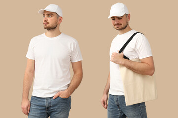 Model displays a simple outfit with a cap and tote bag