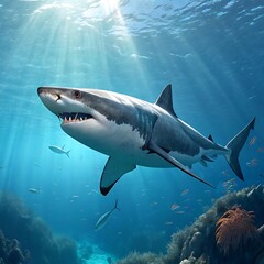 Fototapeta premium Great white shark swimming in the ocean with sunlight rays