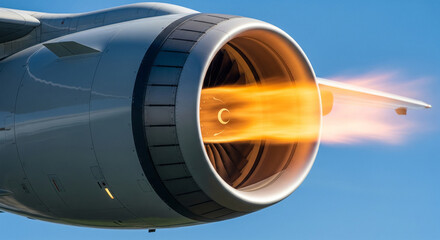 Detailed view of an aircraft jet engine with hot exhaust flames, symbolizing the power and motion of modern flight.