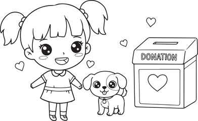 Coloring Page Kawaii Donation Scene. International Charity Day September 5. 