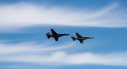 Two military fighter jets flying in close formation, performing precision aerobatics against a beautiful blue sky with clouds.
