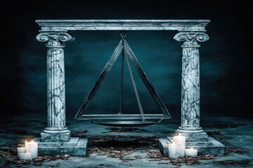 Ancient stone pillars frame a dark triangular cauldron