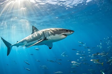 Fototapeta premium Great white shark swimming underwater in clear blue ocean with school fish
