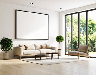 Fototapeta premium Bright Living Room with Large Window and Blank Canvas Modern Interior Design.